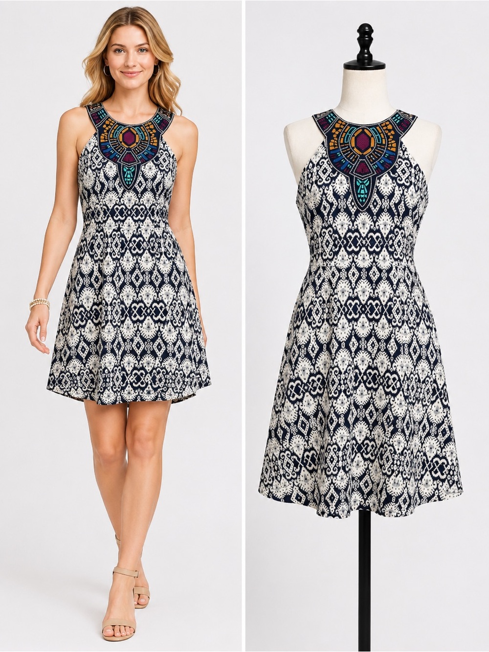 Flying Tomato Embroidered Aztec Halter Fit & Flare‎ Dress NWT Small Boho Resort